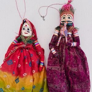 Vintage Indian Rajasthani Puppet Pair Handcrafted String Marionette 16”